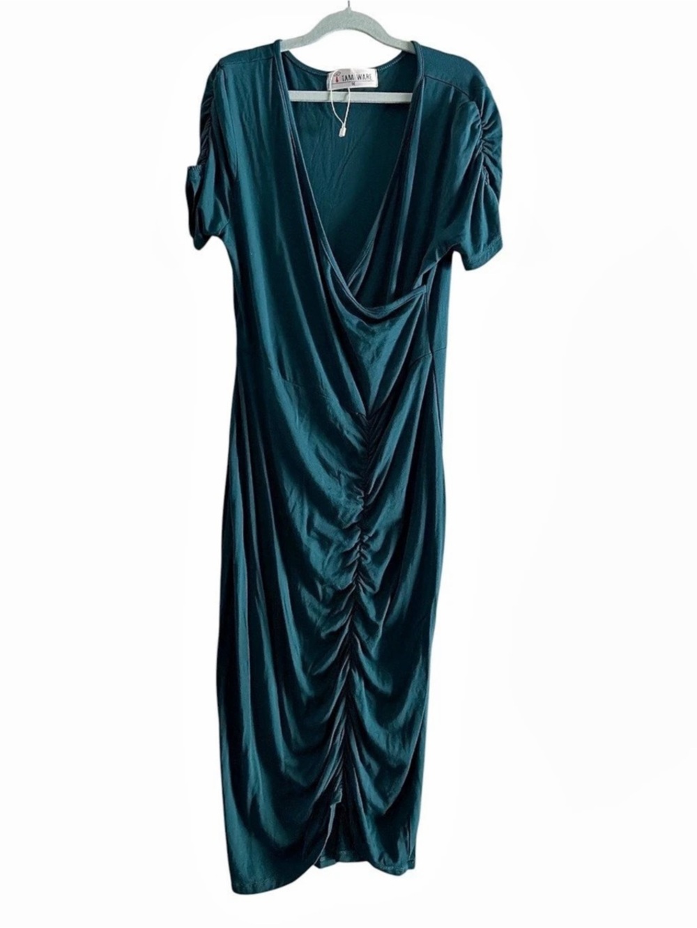 TAM WARE Ruched Midi Dress in Blue Short sleeve size M